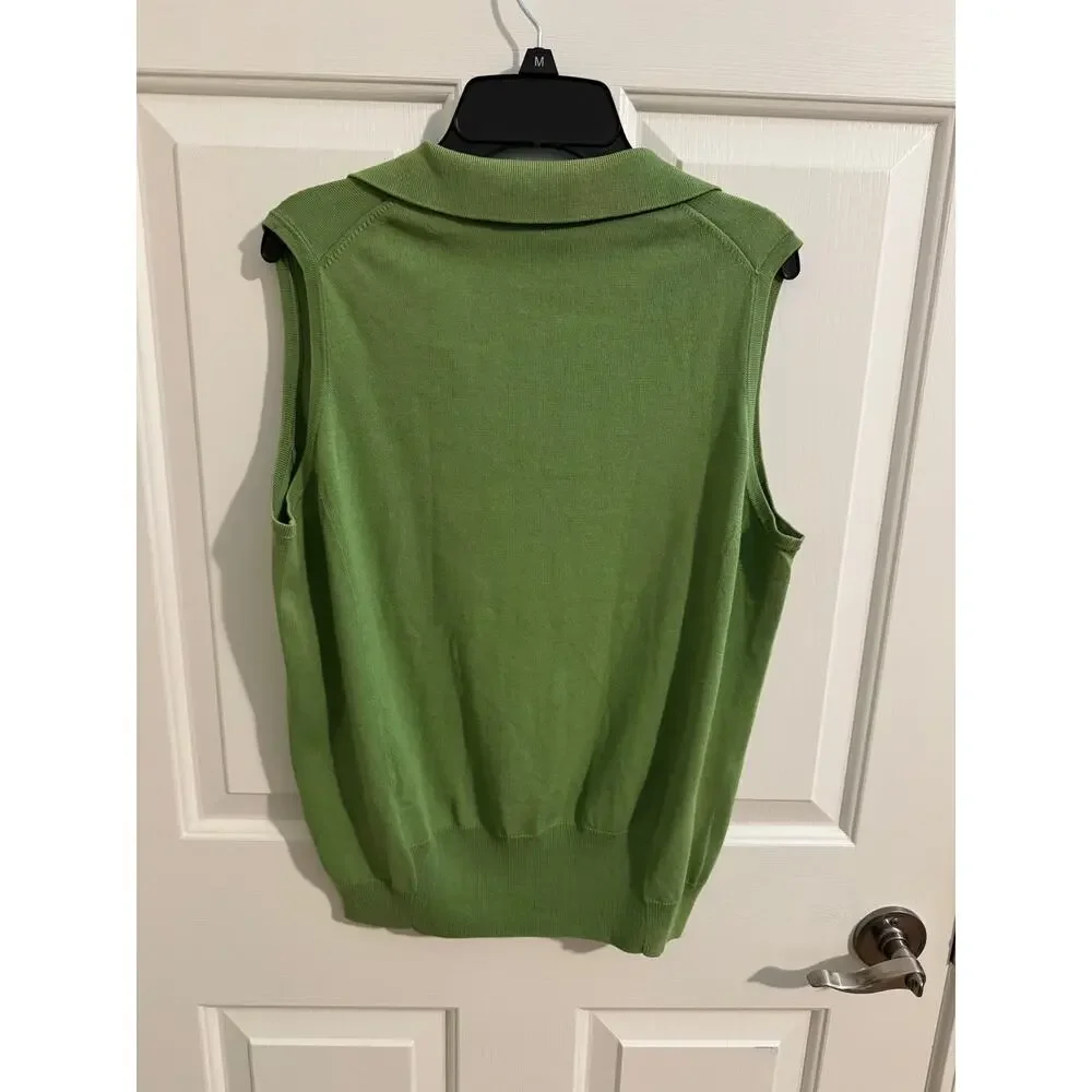 Faconnable Silk Cotton Knit Sleeveless Polo V Neck Johnny Collar Sweater Green L